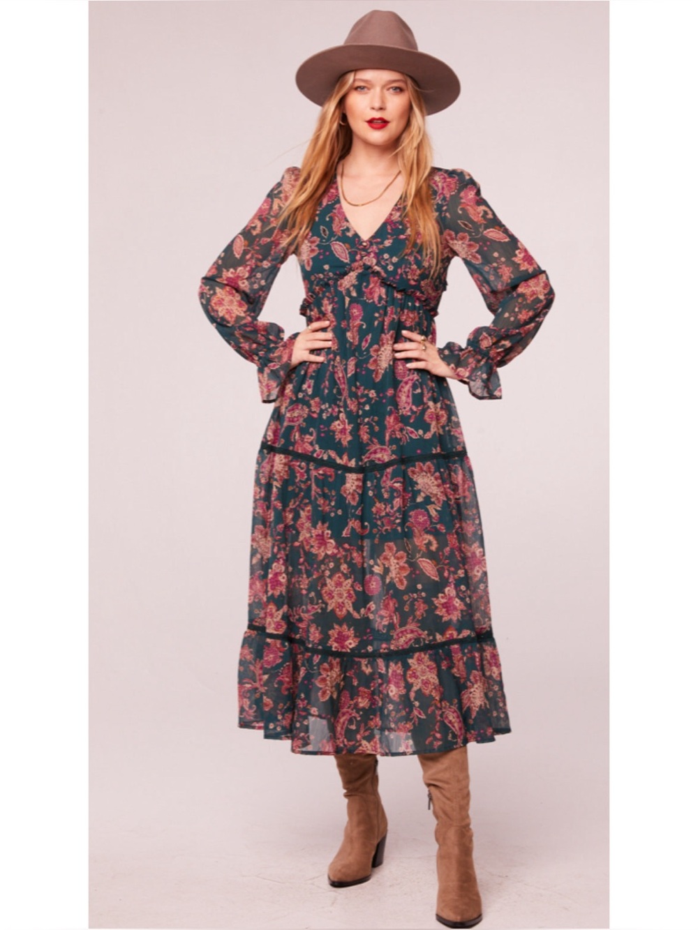 Band Of The Free Run The World Pine Paisley Empire Waist Midi Dress Long Sleeve